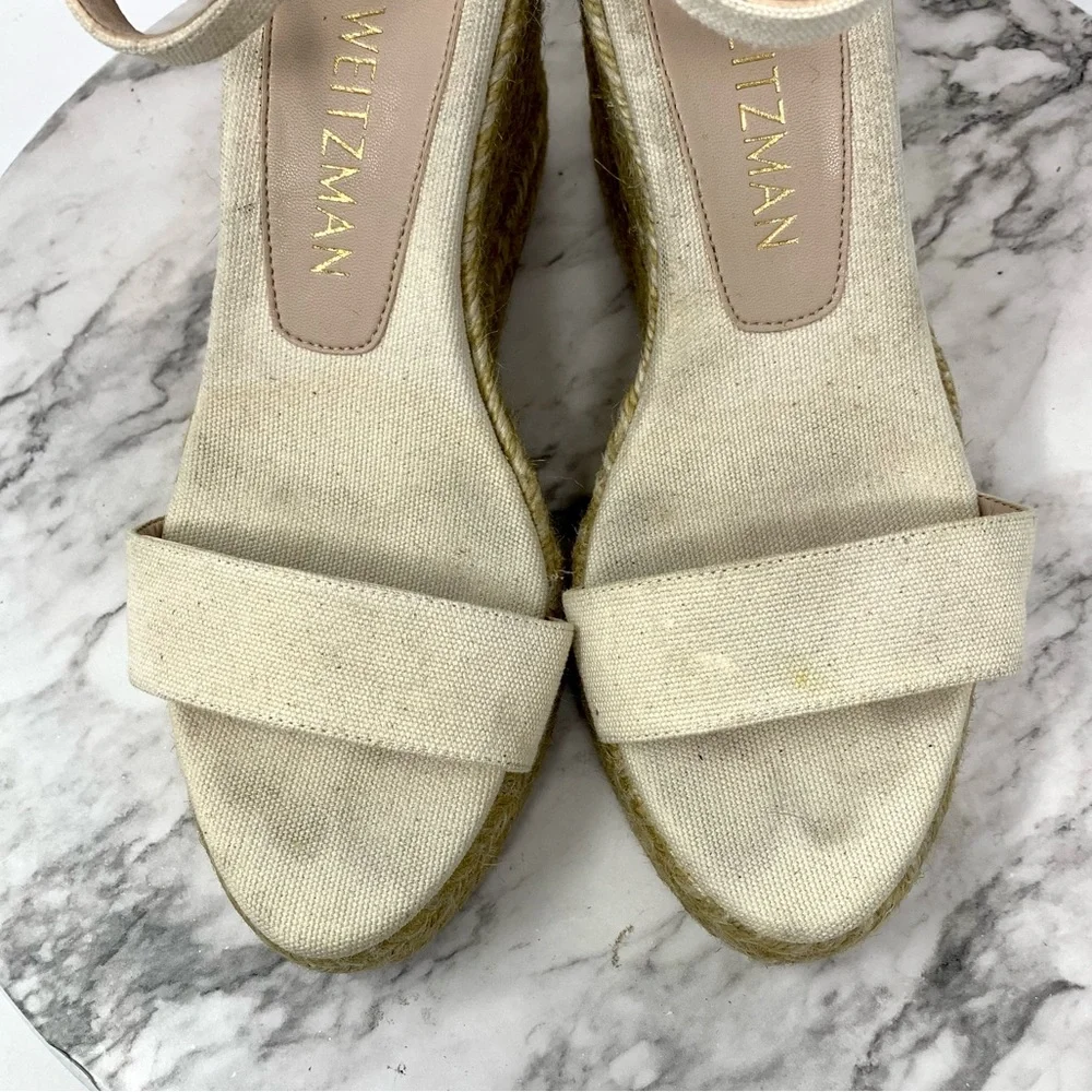 Stuart Weitzman Floria Cream Canvas Espadrille Wedges 8.5 Coastal Resortwear - Picture 6 of 16